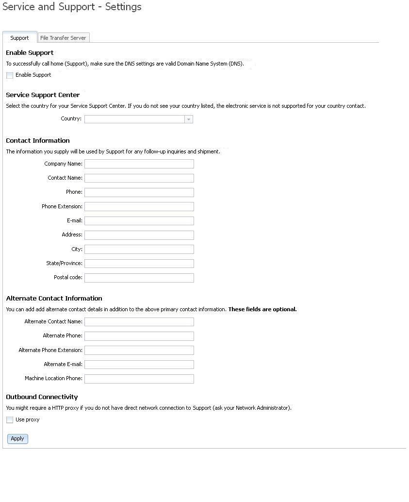 Illustration showing the Service and Support > Settings page, with options to enable Lenovo Support, enter contact and alternate contact information, and to enable outbound connectivity.