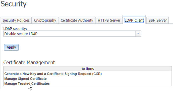Illustration showing where the "Generate and Import Externally Signed LDAP Client Certificate" option can be found in the web interface.