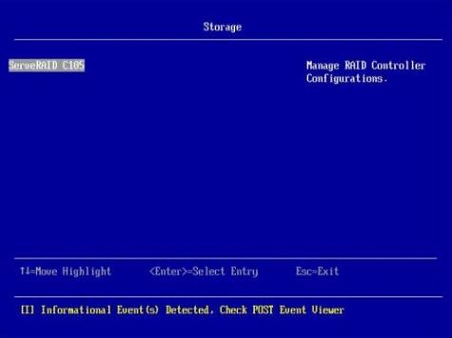 Storage screen with ServeRAID C105 selected