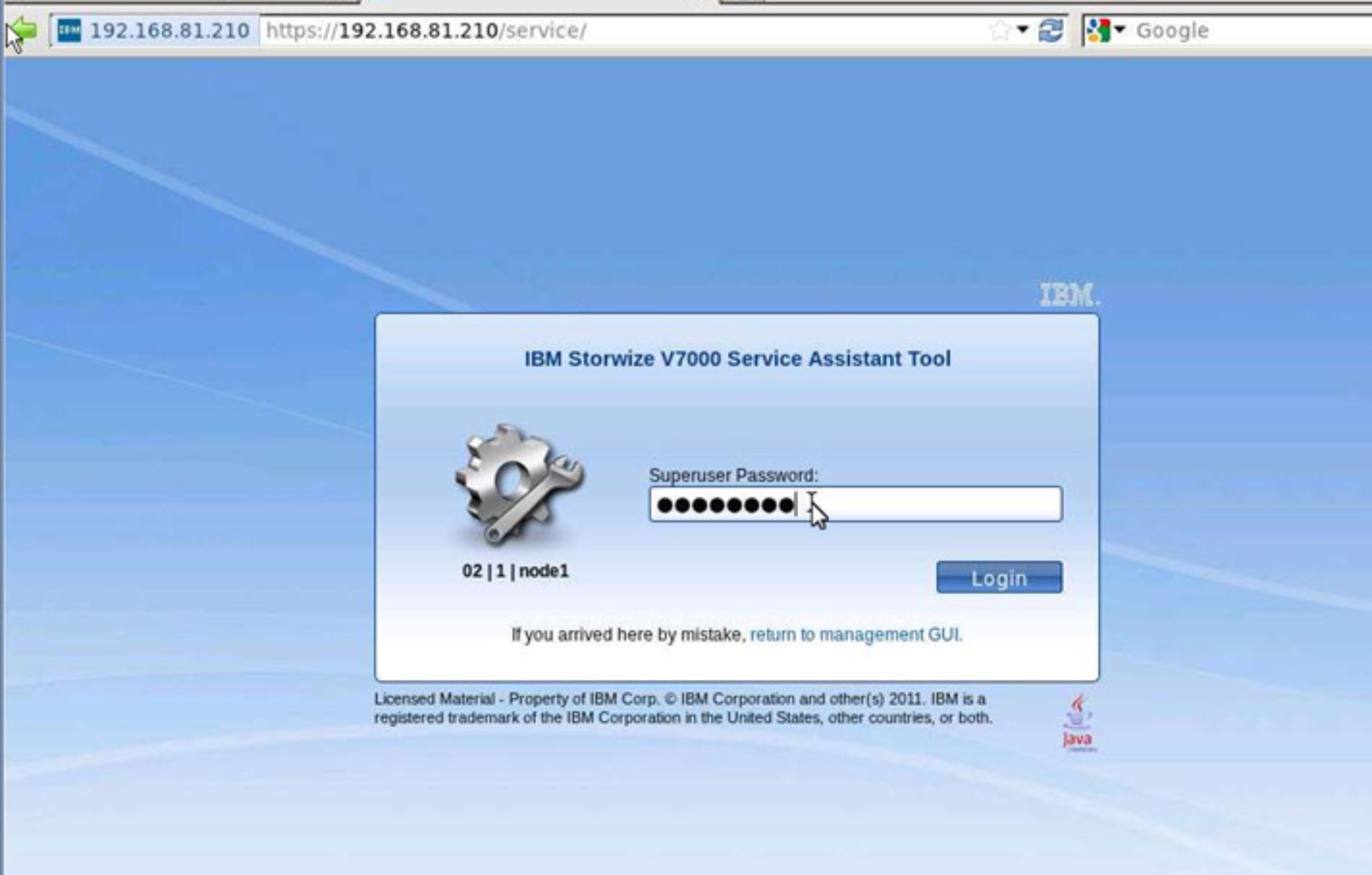 Storwize V7000 Service Assistant Tool sign-in window