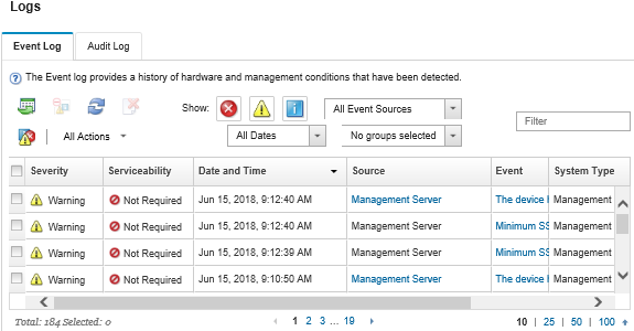 Illustrates current system events that are listed in the Events Log page.