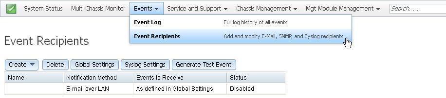 Graphic illustrating the CMM web interface Events menu: Event Log option.