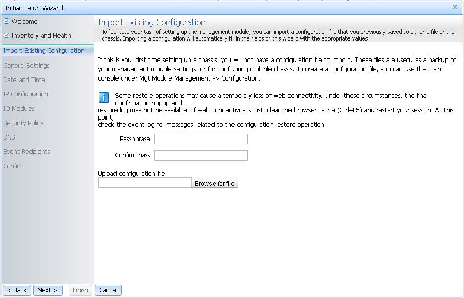 Illustration of the Initial Setup Wizard - Import Existing Configuration page