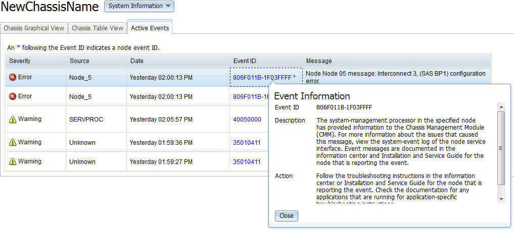 Illustration of the Active Events tab for Enterprise Chassis, with the Event Information popup shown