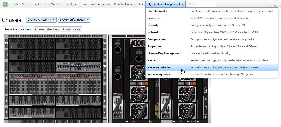 Graphic illustrating the Chassis Management Module web interface Mgt Module Management menu, Reset to Defaults menu option.